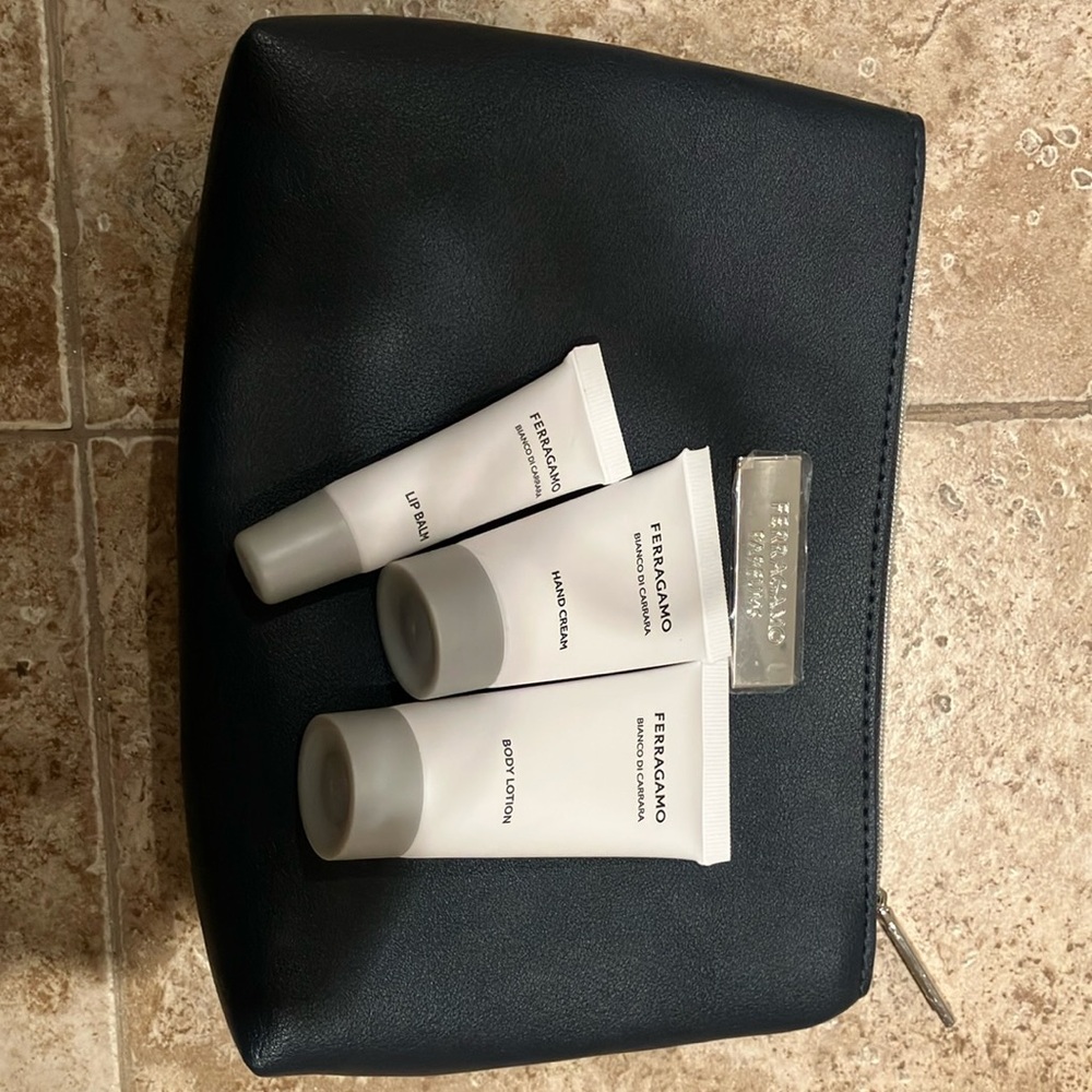 Brand New Ferragamo Black Cosmetic Pouch with Cream Travel Set